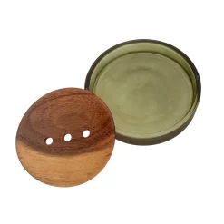 Jabonera de Vidrio Verde y Madera de Acacia 11,3 × 2,3 cm