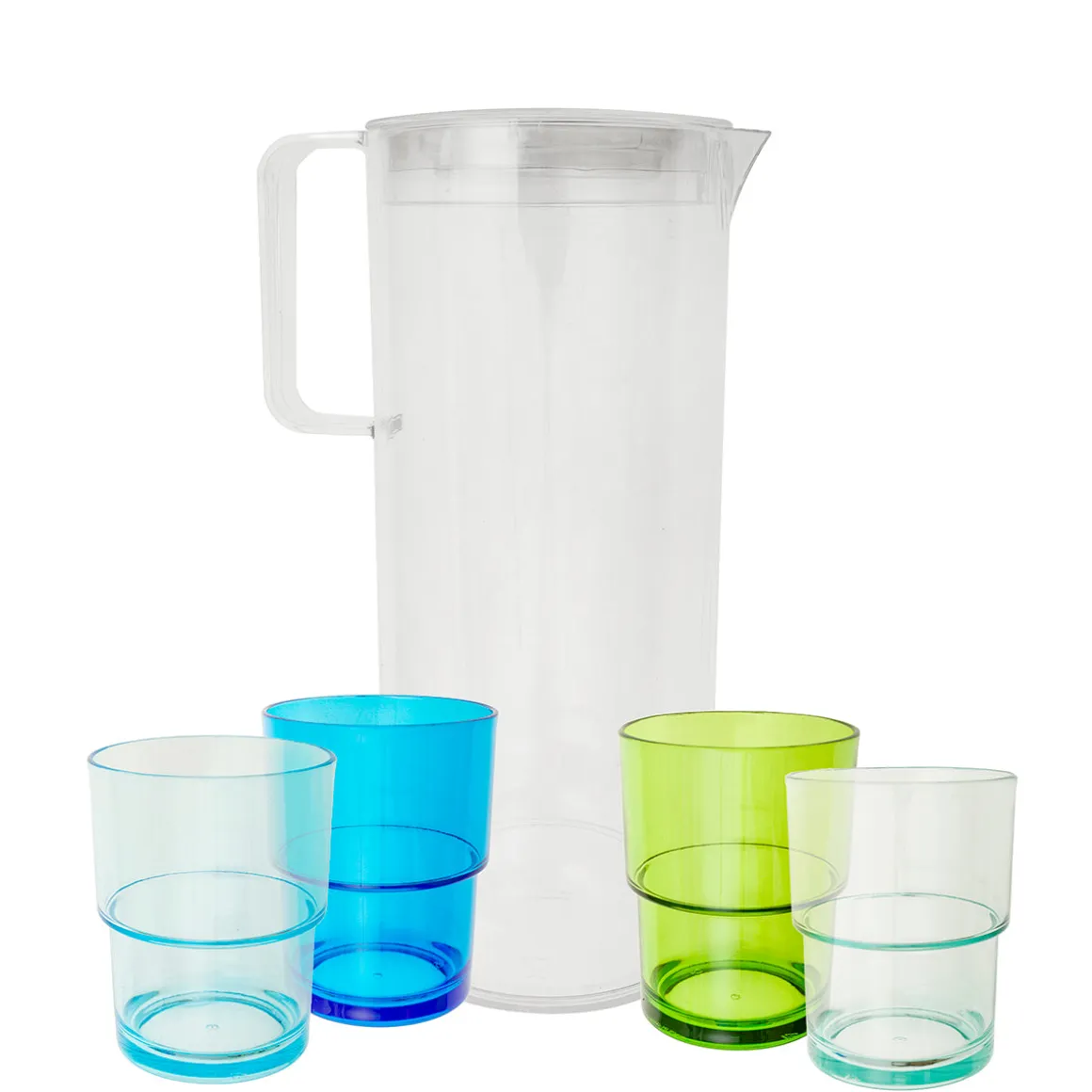 Pack Jarra con 4 Vasos de Acrílico Multicolor