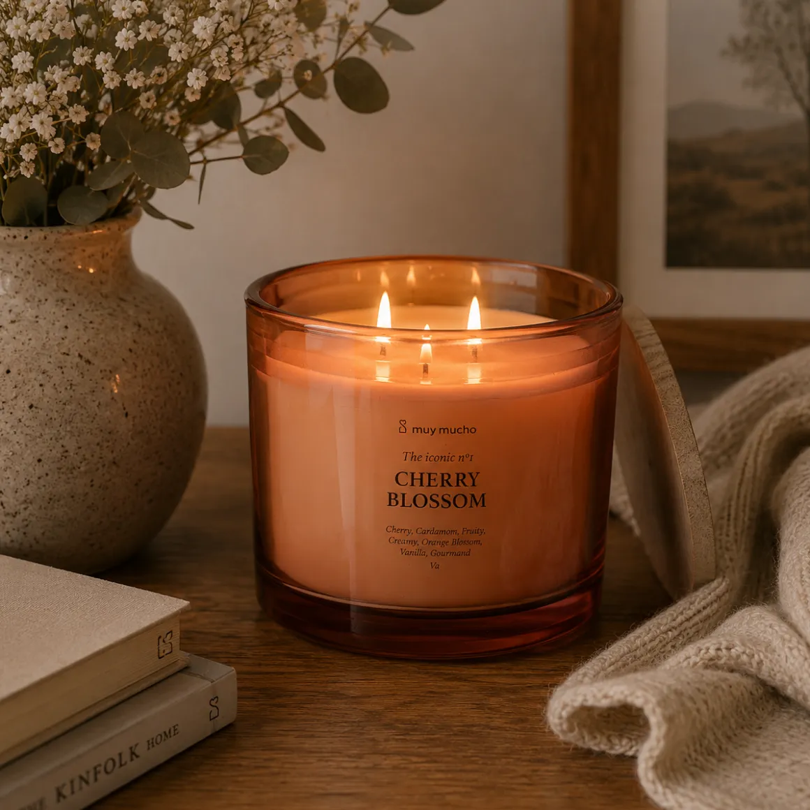 Vela Perfumada Cherry Blossom · Aroma Floral Relajante · 3 mechas de 320 g