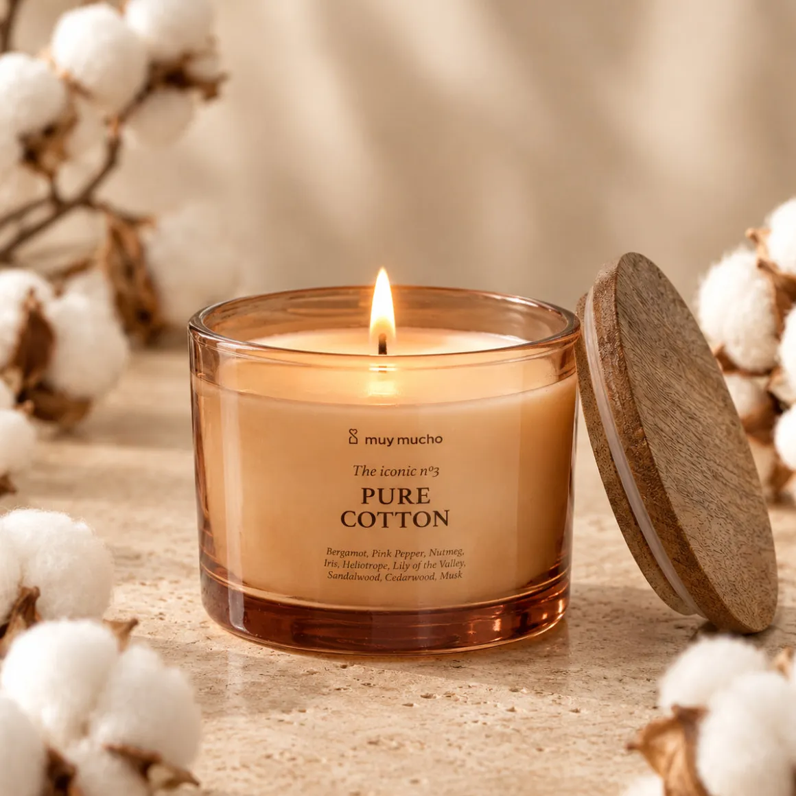 Vela Perfumada Pure Cotton · Aroma Limpieza Reconfortante · 3 mechas de 320 g